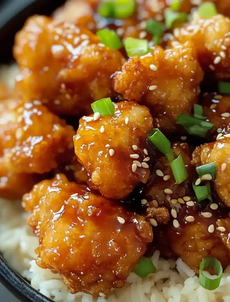 Crispy honey chicken bites with rice, close -up
