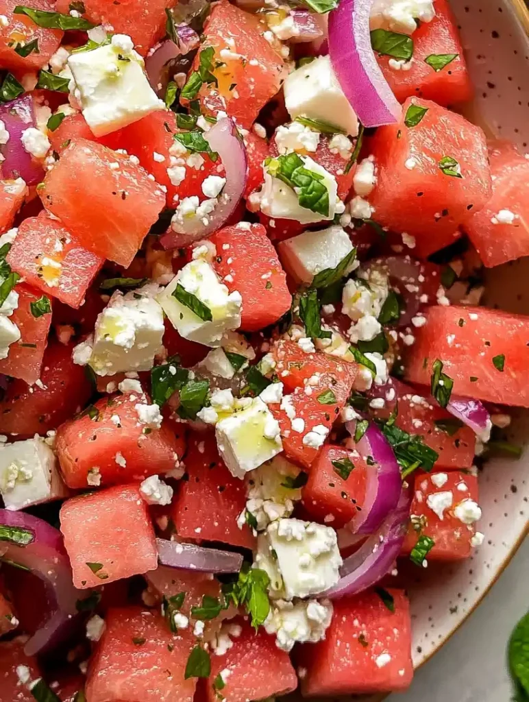 Watermelon feta salad with mint close up