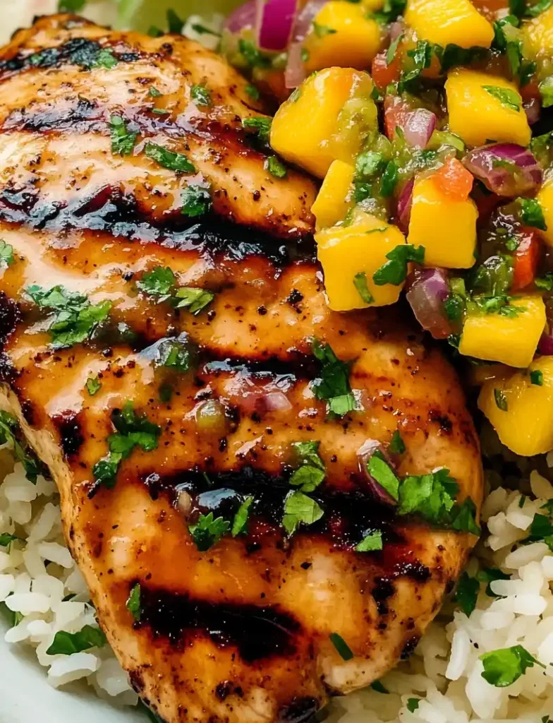 Honey lime chicken with mango salsa close up