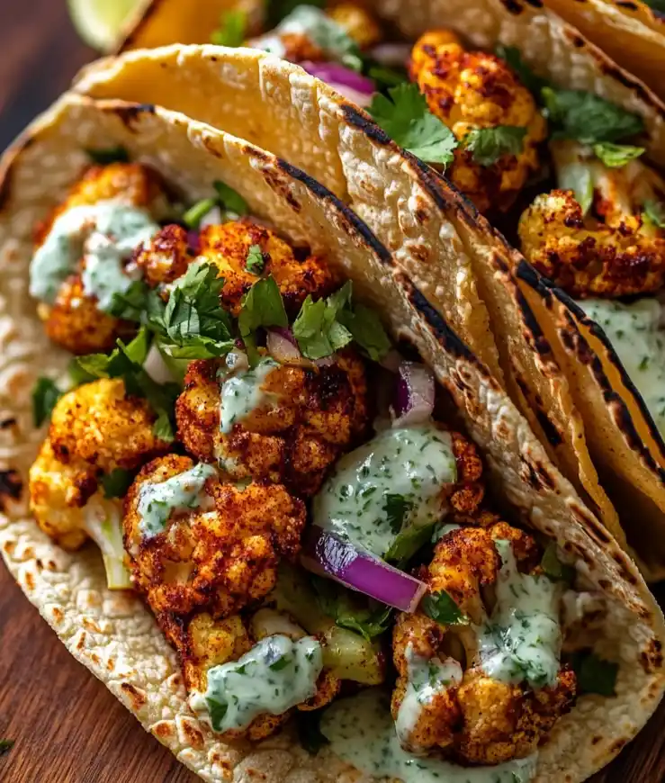 Cauliflower Tacos with Cilantro Lime Crema close up