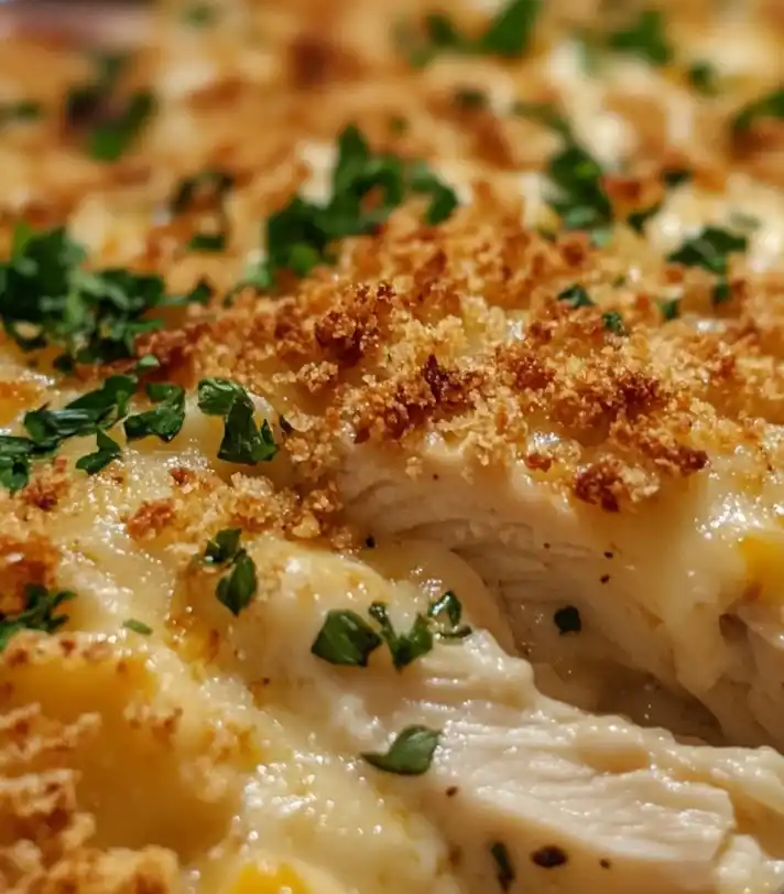 baked cheesy chicken casserole close up