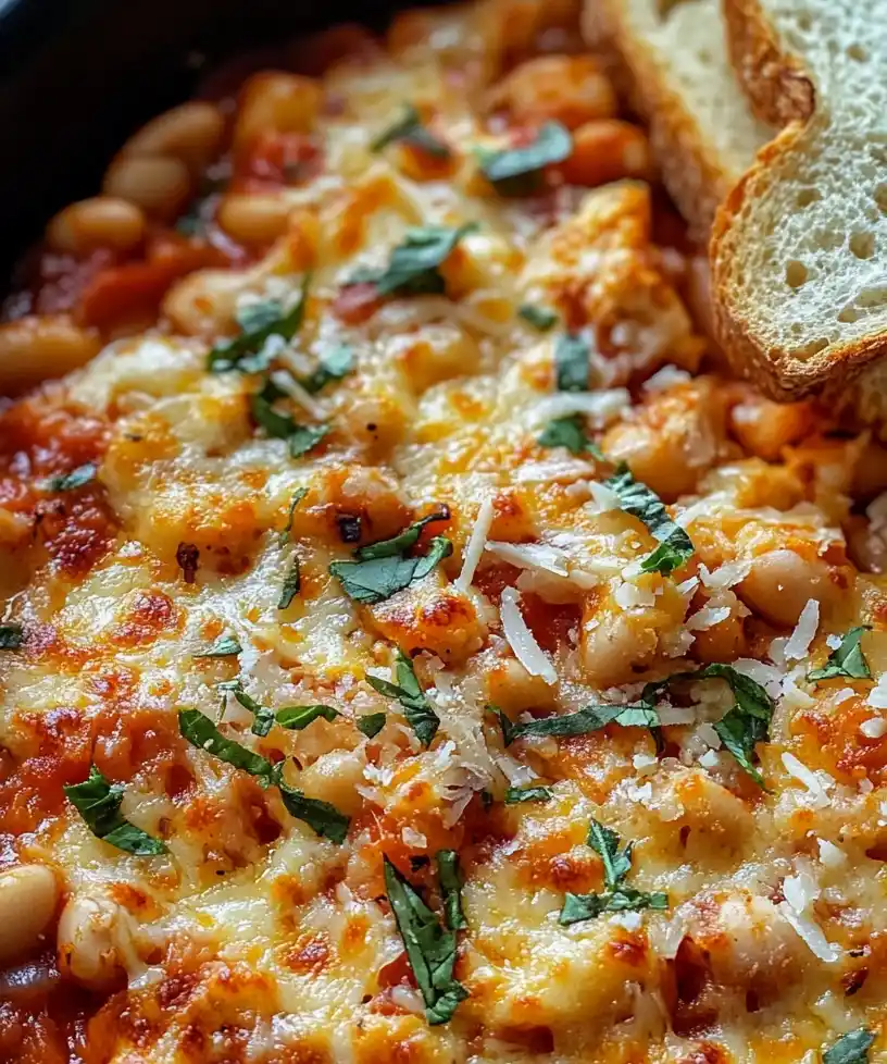 Cheesy Tomato White Bean Bake close up