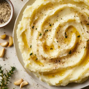 Roasted Garlic Mashed Potatoes from a top view