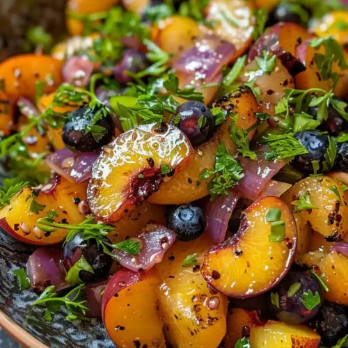 A grilled peach blueberry salad in a bowl