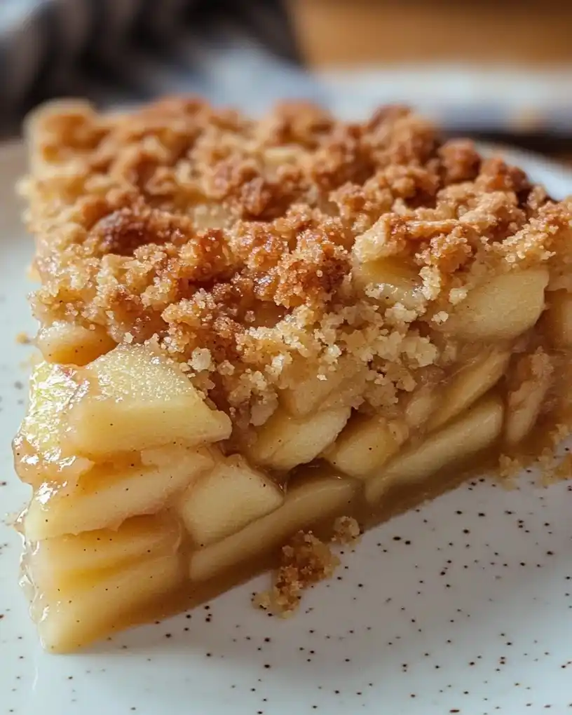 close-up slice of a homemade dutch apple pie on a plate