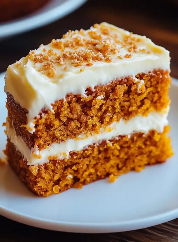 close up pumpkin cake with cream cheese frosting