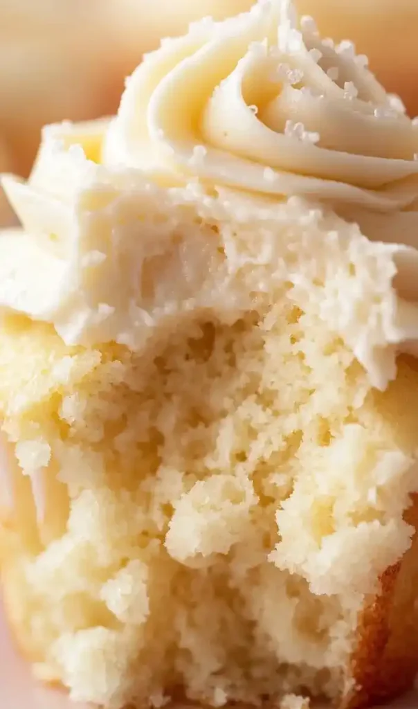 close up, bitten vanilla cupcake with buttercream frosting