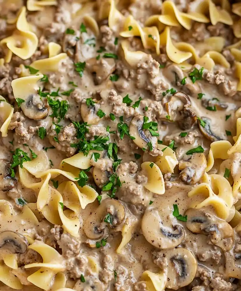 one pot ground beef stroganoff close up
