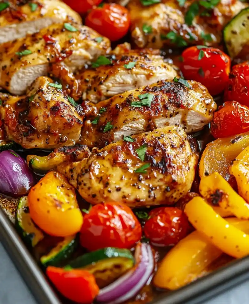 balsamic glazed chicken and veggies close up