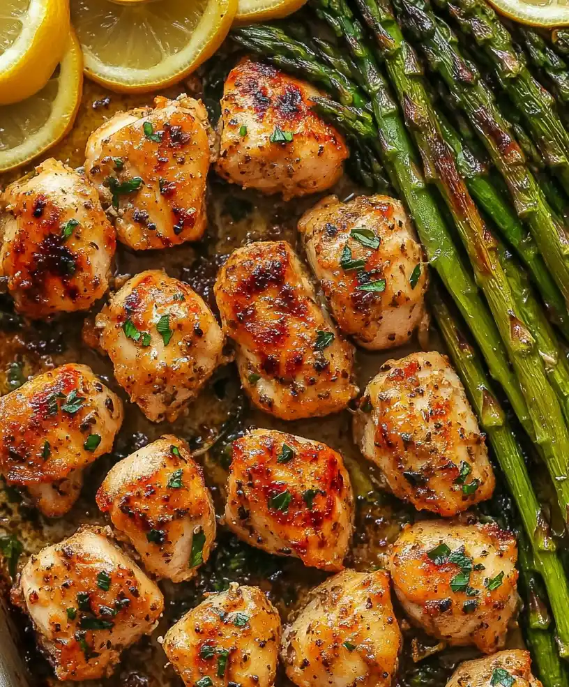 Garlic Butter Chicken Bites and Asparagus close up in a sheet pan