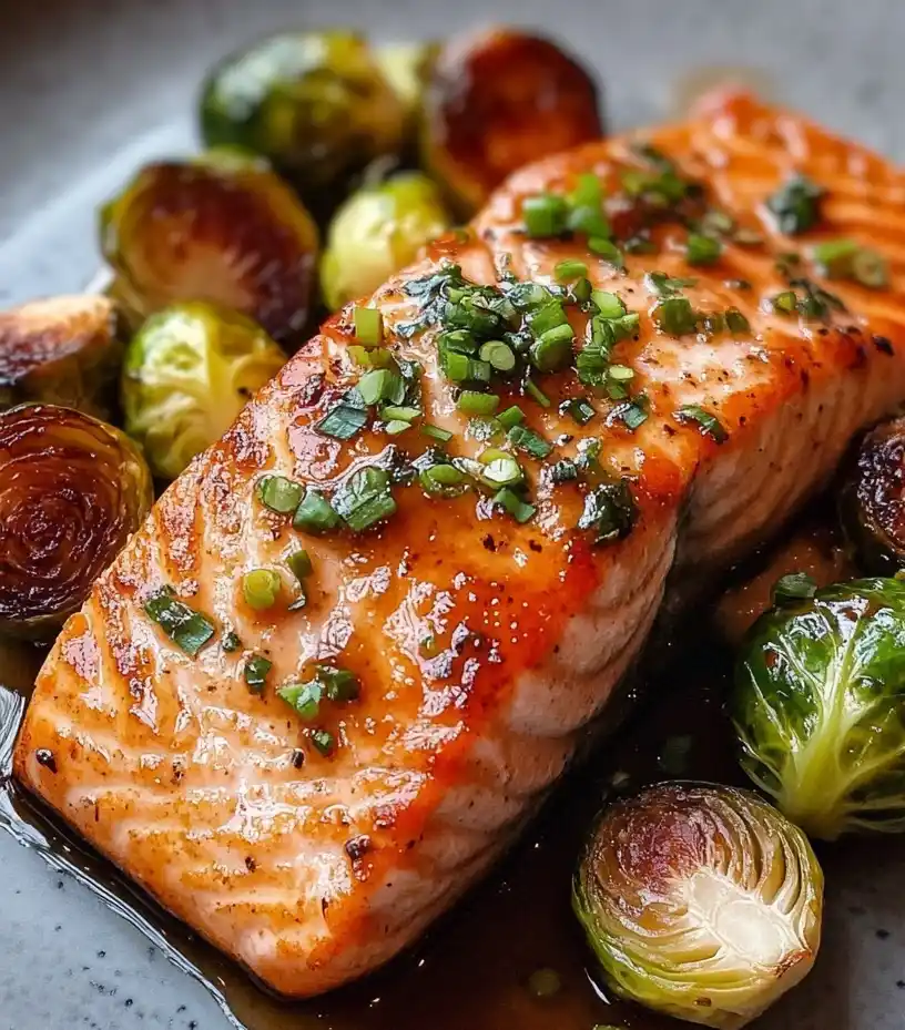 Honey Garlic Salmon and Brussels Sprouts close up