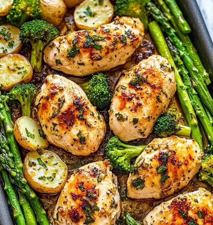 Sheet Pan Garlic Butter Chicken and Veggies close up