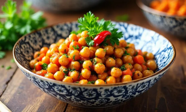 High Protein One Pan Roasted Carrot and Chickpea Bowl