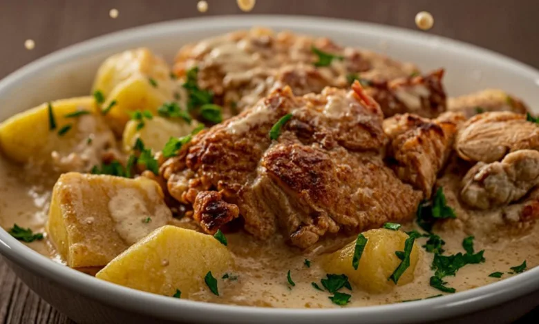 High Protein Creamy Garlic Cheesy Chicken and Potatoes