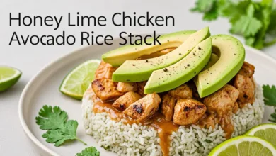 Honey Lime Chicken Avocado Rice Stack