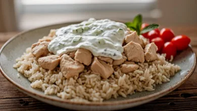 Easy Dump and Bake Chicken Tzatziki Rice