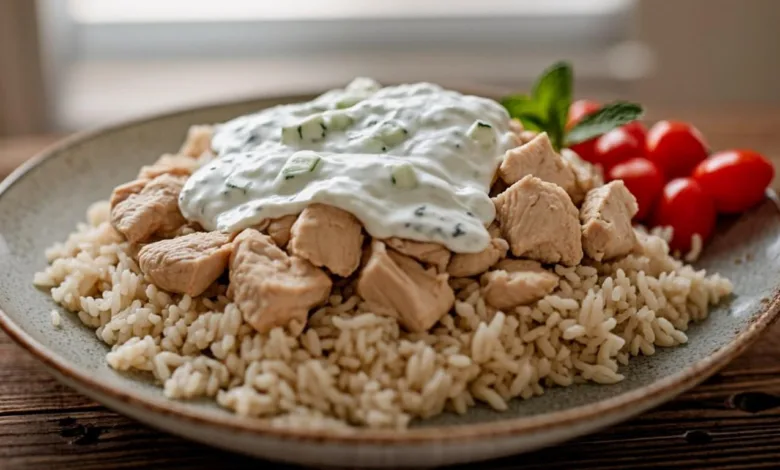 Easy Dump and Bake Chicken Tzatziki Rice