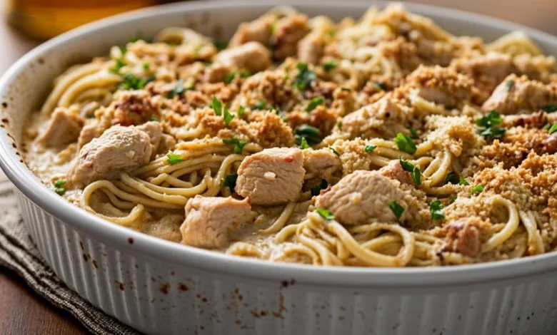High Protein Creamy Chicken Noodle Casserole