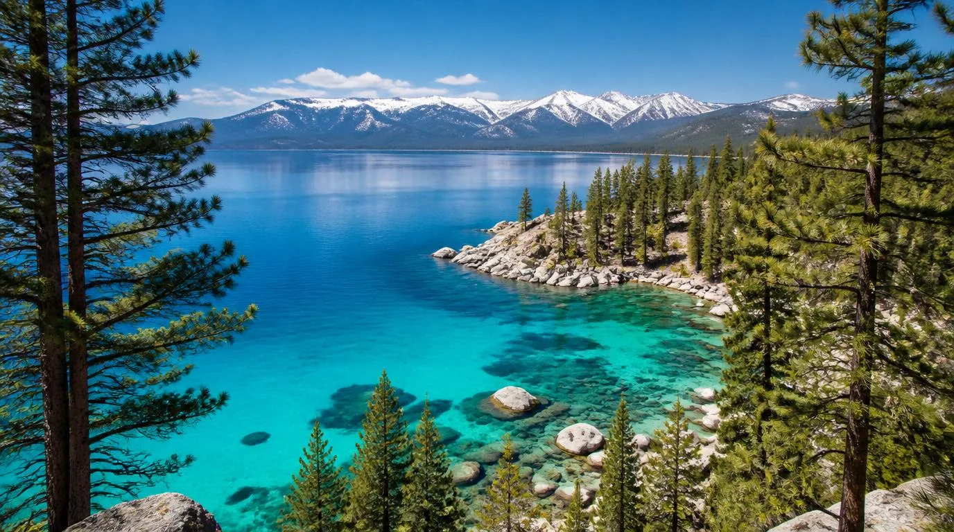 Lake Tahoe presents stunning turquoise waters framed by towering pine trees
